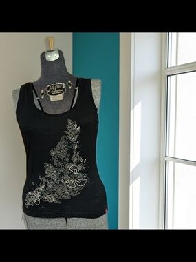Vintage 90s Esprit Black Tank Top with Embellished White Floral Print Size M